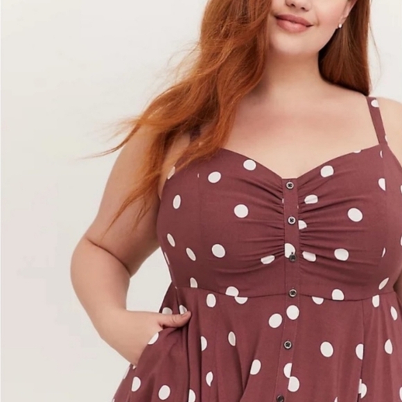 torrid WALNUT POLKA DOT CHALLIS BUTTON FRONT MIDI DRESS - Picture 3 of 8